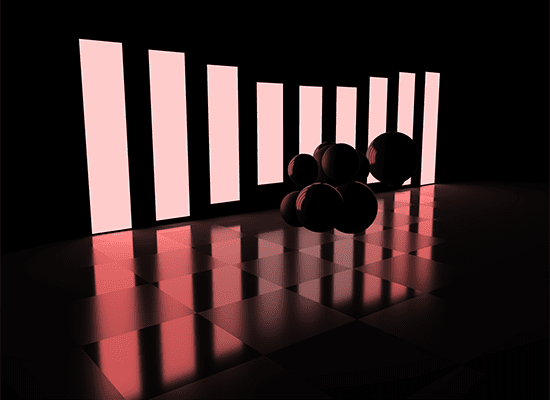 A series of rectangular light panels of various heights casting light on a cluster of spheres, some reflective and others matte, and reflecting on the floor that has a checkerboard of reflective and matte squares.